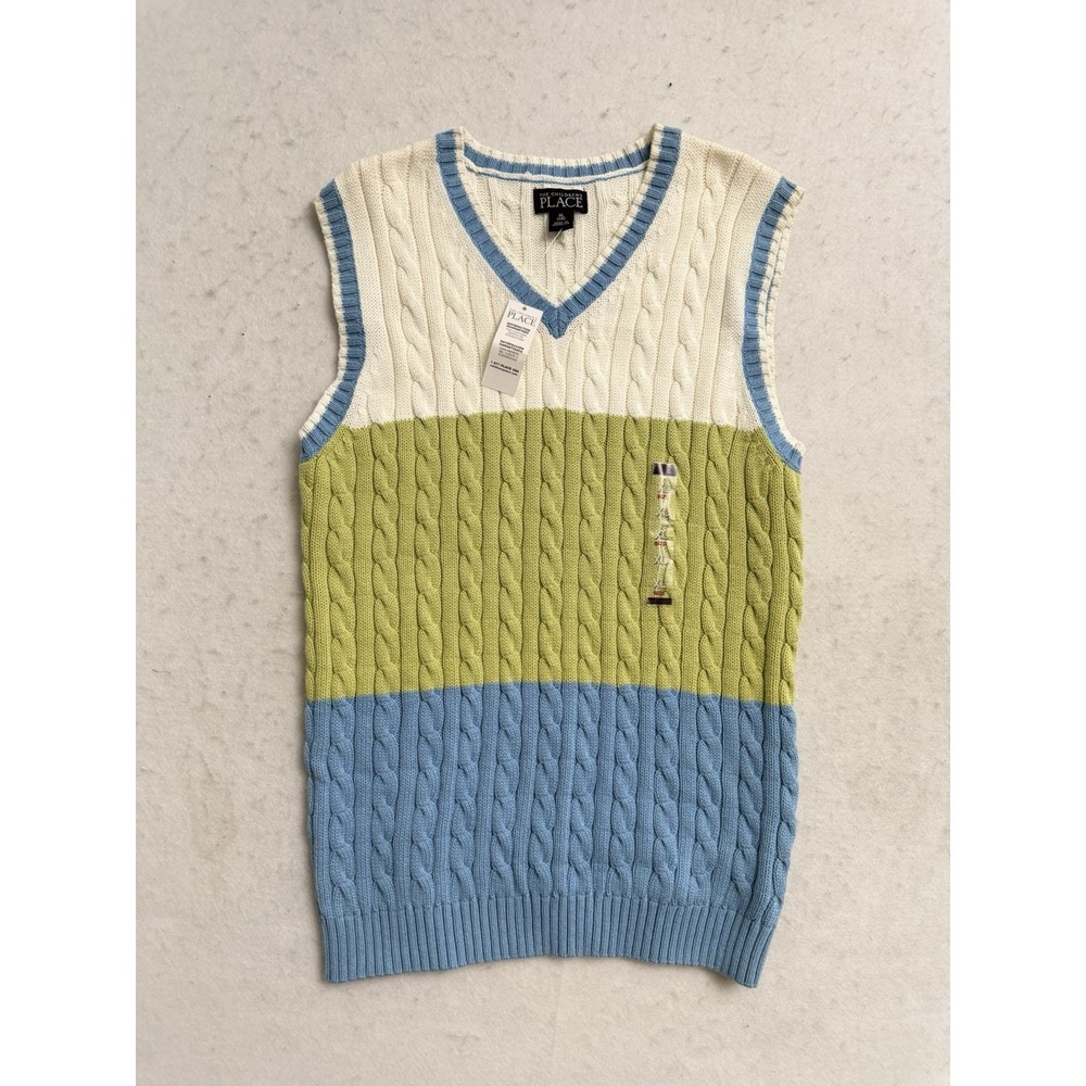 NEW The Children's Place Boys Blue Cable Knit Sweater Vest Size XL V Neck Cotton